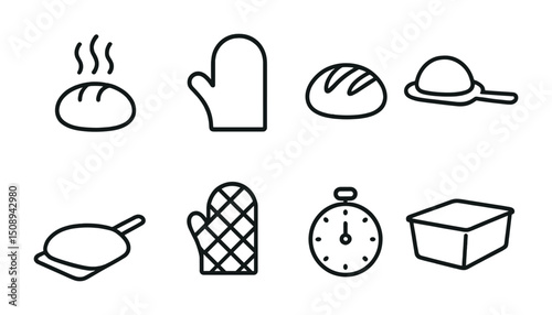Baking essentials icons, featuring gloves, timer, and various bread symbols