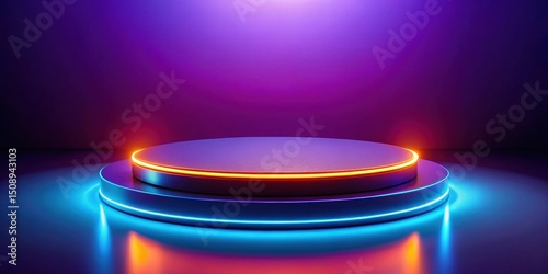 Platform with a round shape and a neon orange glow on a purple and blue gradient background, created using LED lights or a similar technology , modern, futuristic