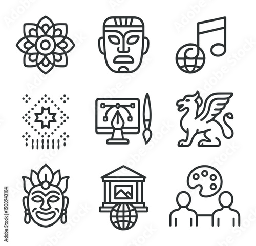 Cross-Cultural Icon Set. Outline icon set of cross-cultural design symbols: mandala, abstract mask,