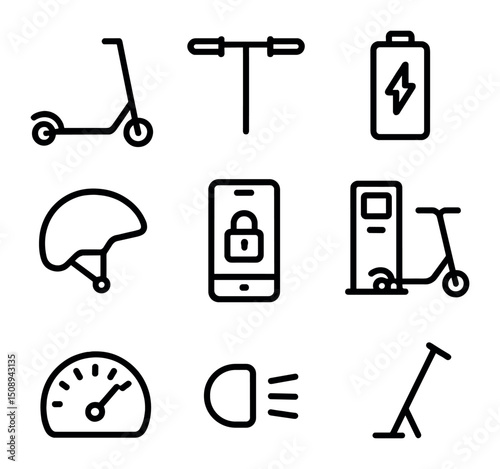 Electric Scooter Icon Set. Outline icon set of electric scooter mobility: e-scooter silhouette, handlebar, battery icon, helmet,