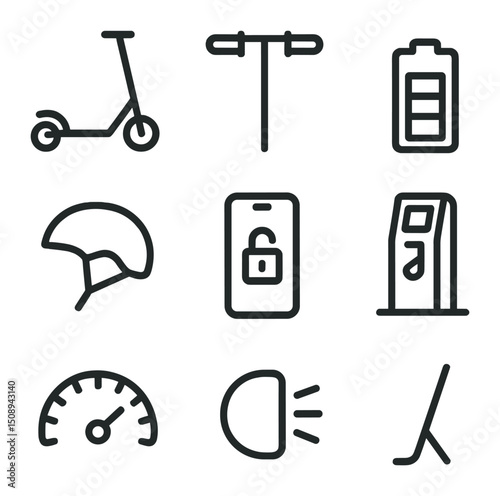 Electric Scooter Icon Set. Outline icon set of electric scooter mobility: e-scooter silhouette, handlebar, battery icon, helmet,
