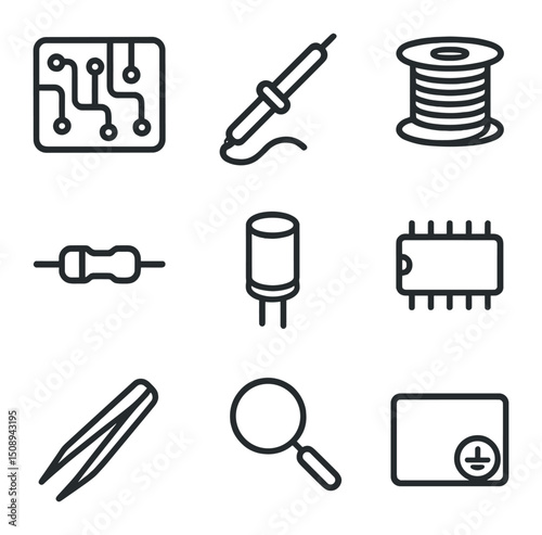Electronics Assembly Icons. Outline icon set of electronics circuit assembly: PCB board, soldering iron, solder wire, resistor,