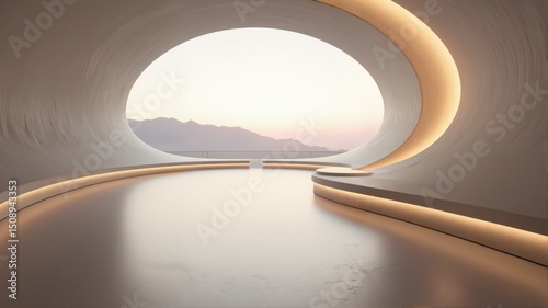 Modern Architectural Space with Oval Window and Mountain View