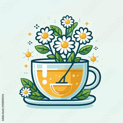 A cup of tea is adorned with daisies and leaves