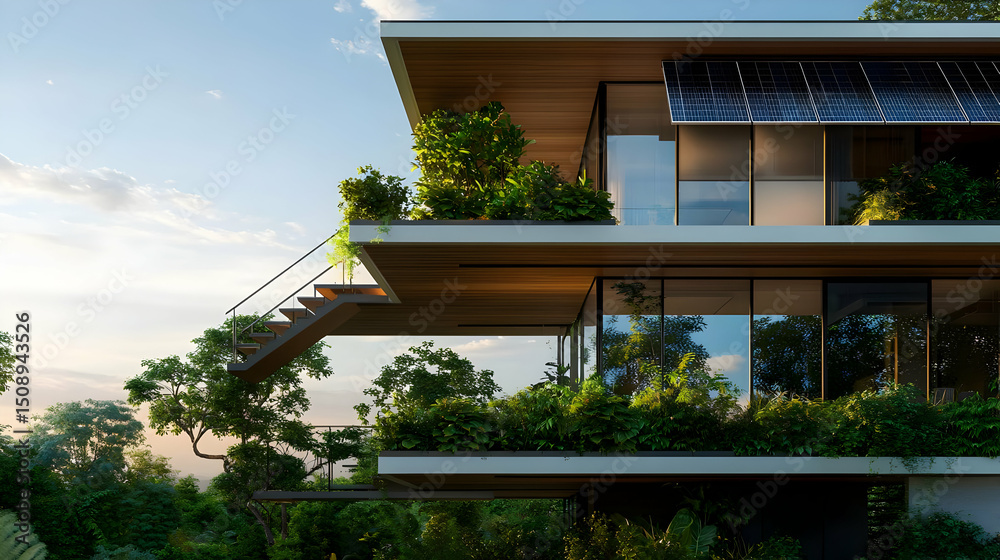 Fototapeta premium Modern Eco Friendly Multistory Building With Green Facade And Wooden Balconies