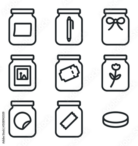 Memory Jars Icons. Outline icon set of memory glass jars: paper slip, pen, ribbon, polaroid photo, ticket stub, dried flower,