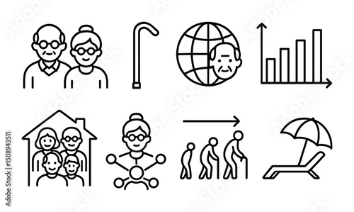 Elderly care and senior community icons for design and graphic projects