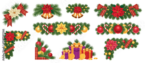 Christmas Decoration Elements Wreaths, Corners, and Gifts