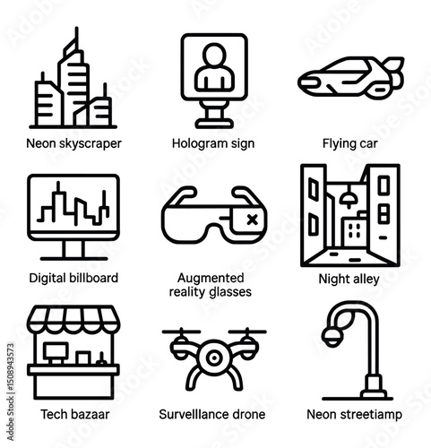 Cyberpunk City Icons. Outline icon set of cyberpunk cityscapes: neon skyscraper, hologram sign,