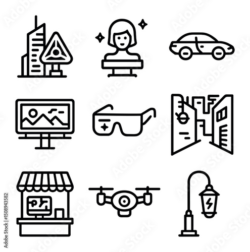 Cyberpunk City Icons. Outline icon set of cyberpunk cityscapes: neon skyscraper, hologram sign,