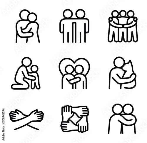 Embrace Icon Set. Outline icon set of embrace silhouettes: hugging couple, embracing friends, group circle, parent child, pet hug,