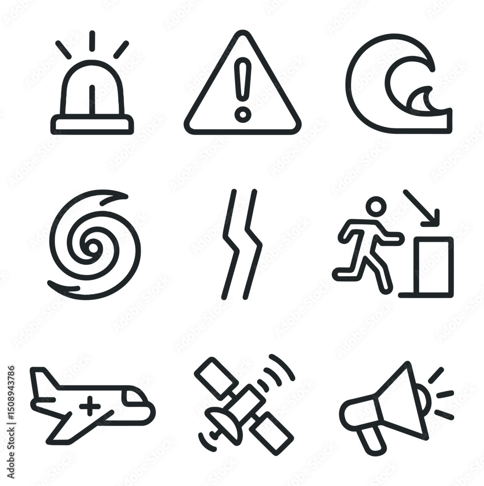 Obraz premium Emergency Alert Icons. Outline icon set of emergency global alerts: siren beacon, alert triangle, tsunami wave, hurricane icon,