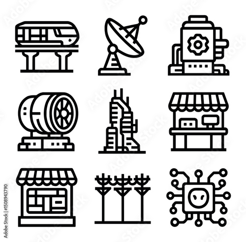 Cyberpunk Infrastructure Icons. Outline icon set of cyberpunk infrastructure: elevated monorail,