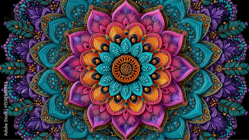 A colorful mandala with intricate details and floral patterns on a black background in a symmetrical design