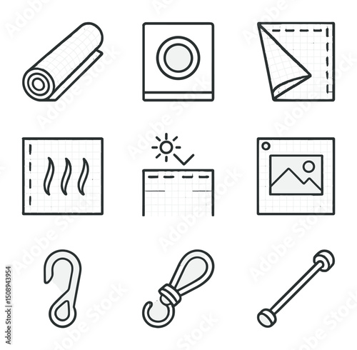 Mesh Banner Icons. Outline icon set of mesh banner materials: vinyl mesh roll, grommet hole, hemmed edge, wind slits, UV-resistant