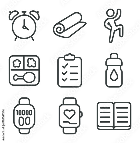Daily Fitness Icons. Outline icon set of daily fitness routine: morning alarm, exercise mat,