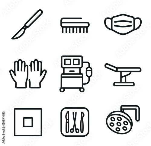 Emergency Surgery Icons. Outline icon set of emergency surgery prep: surgical scalpel, scrub brush, surgical mask, sterile gloves,