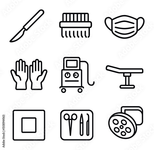 Emergency Surgery Icons. Outline icon set of emergency surgery prep: surgical scalpel, scrub brush, surgical mask, sterile gloves,
