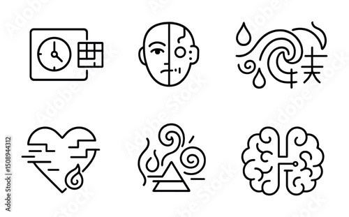 Abstract symbol icons representing time, emotions, nature, and creativity concepts