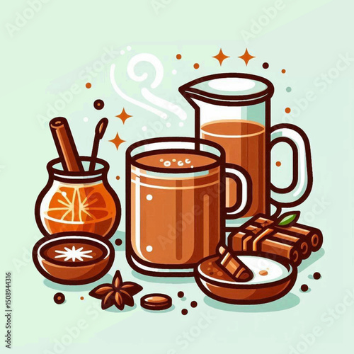 A drink setup with mugs cinnamon sticks orange slices and steam