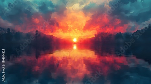 A serene landscape featuring a vibrant sunset reflecting on calm waters, with silhouetted trees and hills against a colorful sky, creating a tranquil and picturesque scene for contemplation and peace.