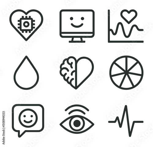 Emotional AI Icon Set. Outline icon set of emotional AI interfaces: heart-shaped chip, smiling screen, empathy graph, tear drop