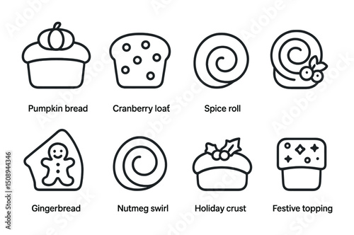 Holiday baked goods icons featuring pumpkin bread and gingerbread designs