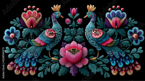 Embroidered peacocks and flowers with a black background in a symmetrical arrangement style design