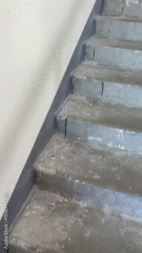 staircase landing in a residential building entrance. Concrete stairs with metal railings, neutral lighting. Suitable for themes of urban life, housing, social projects, renovation, and architectural 