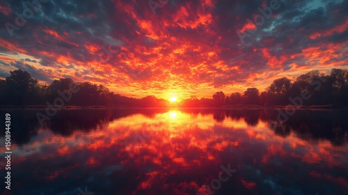 A beautiful sunset reflects off a serene lake. Red and orange clouds fill the sky, mirrored perfectly in the water below, creating a scene of peace and natural beauty for all.