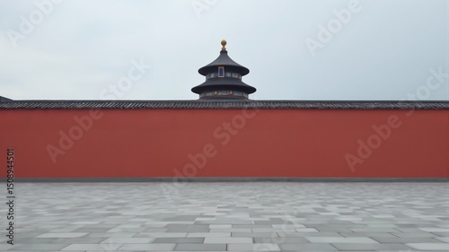 Temple with Red Wall and Pagoda Roof in China