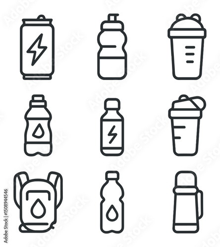 Energy Drink Icons. Outline icon set of energy drinks & sports drinks: energy drink can, sports bottle, protein shake, electrolyte