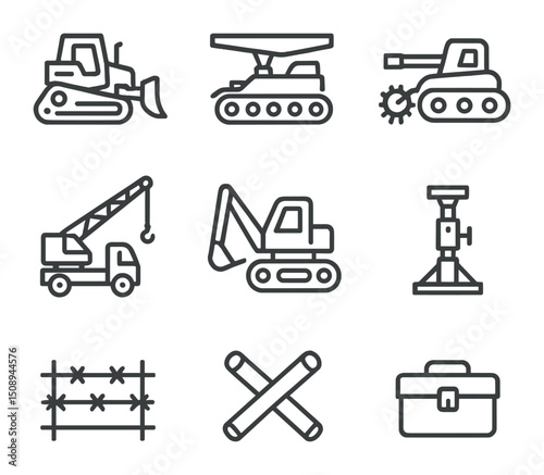Military Engineering Icons. Outline icon set of military engineering vehicles: combat bulldozer, bridge-layer tank, mine-clearing