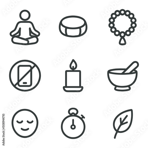 Mindfulness Icon Set. Outline icon set of mindfulness meditation courses: lotus pose, meditation cushion, chanting beads, no phone