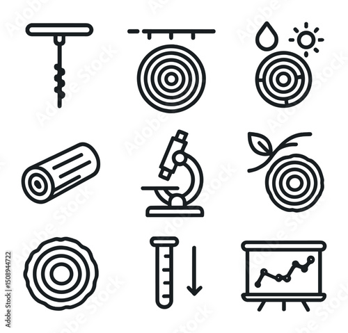 Dendrochronology Icon Set. Outline icon set of dendrochronology: increment borer, tree ring timeline