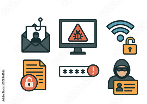 Cybersecurity threats and protection icons for digital safety awareness