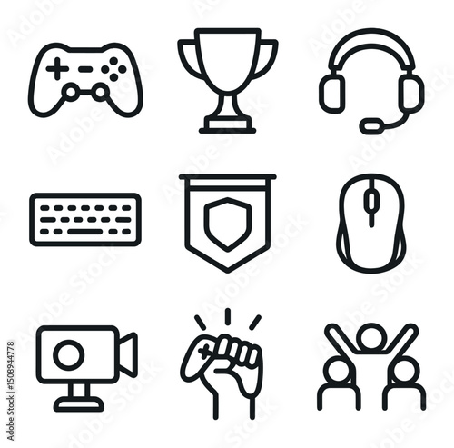 Esports Victory Icon Set. Outline icon set of esports victory team: gaming controller, tournament trophy, headset mic, keyboard,