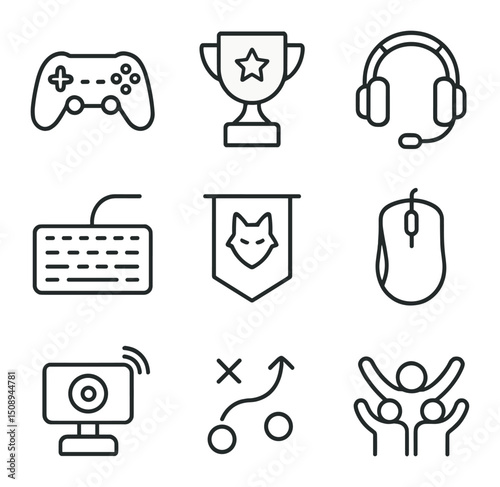 Esports Victory Icon Set. Outline icon set of esports victory team: gaming controller, tournament trophy, headset mic, keyboard,