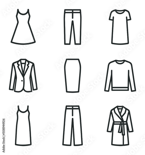 Minimalist Fashion Icons. Outline icon set of classic minimalist silhouettes: A-line dress, straight-leg pants, shift dress,
