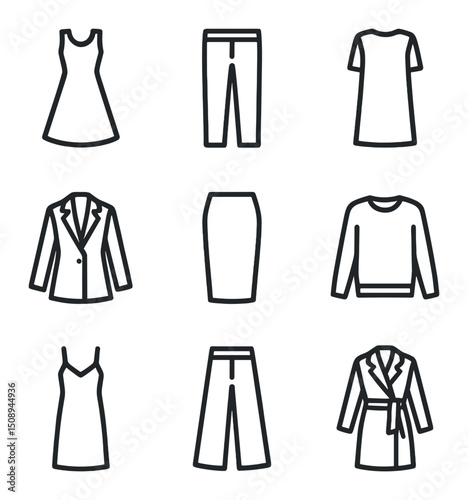 Minimalist Fashion Icons. Outline icon set of classic minimalist silhouettes: A-line dress, straight-leg pants, shift dress,