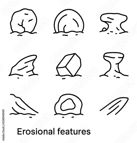 Erosional Features Icons. Outline icon set of erosional features: weathered boulder, exfoliation dome, deflation hollow, yardang