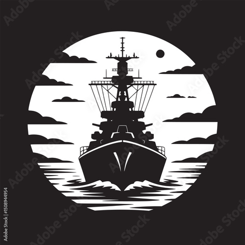Silhouette illustration of a battleship on the water with clouds and a moon in a circular frame