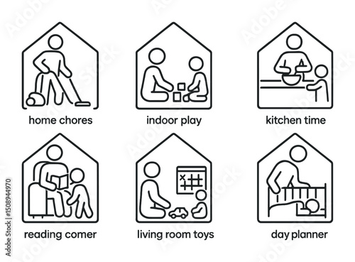 Everyday family activities icons for home planning and organization