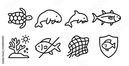 Marine conservation icons featuring sea turtle, dolphin, and coral reef elements for eco design