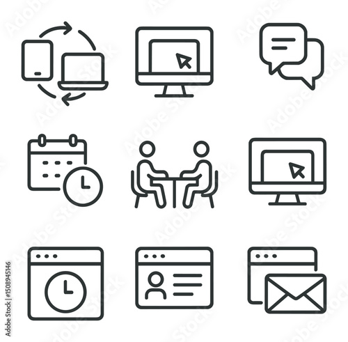 Digital Workplace Icons. Outline icon set of virtual coworking tools: collaborative whiteboard,