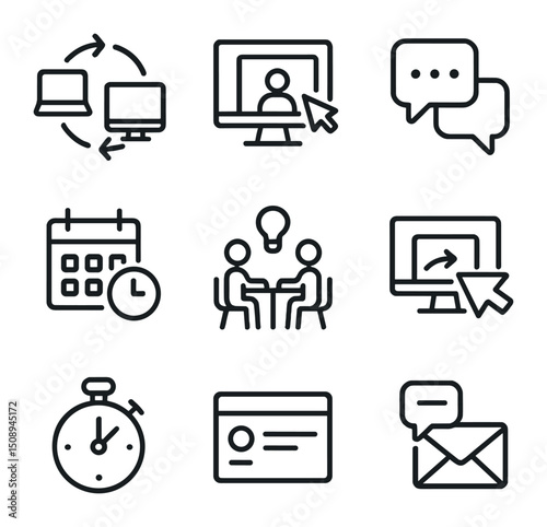 Digital Workplace Icons. Outline icon set of digital workplace environment: multiple device sync,