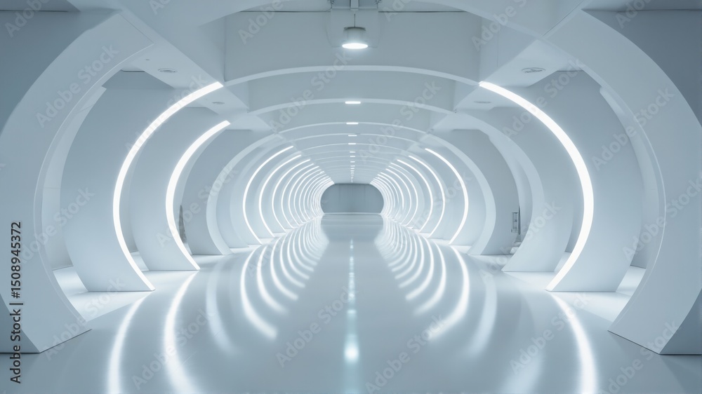 Fototapeta premium Futuristic White Tunnel with Glowing Circles and Reflective Floor