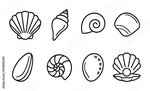 Collection of seashell line icons for summer beach design projects