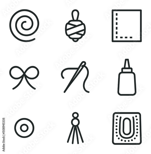 Fabric Scrap Icon Set. Outline icon set of fabric scrap bead jewelry: fabric strip spiral, wrapped bead, seam allowance, thread