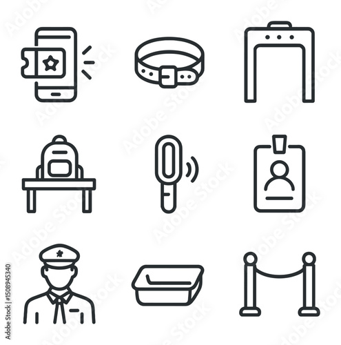 Event Security Icons. Outline icon set of event entry security: ticket scanner, wristband clasp, security gate, bag check table,